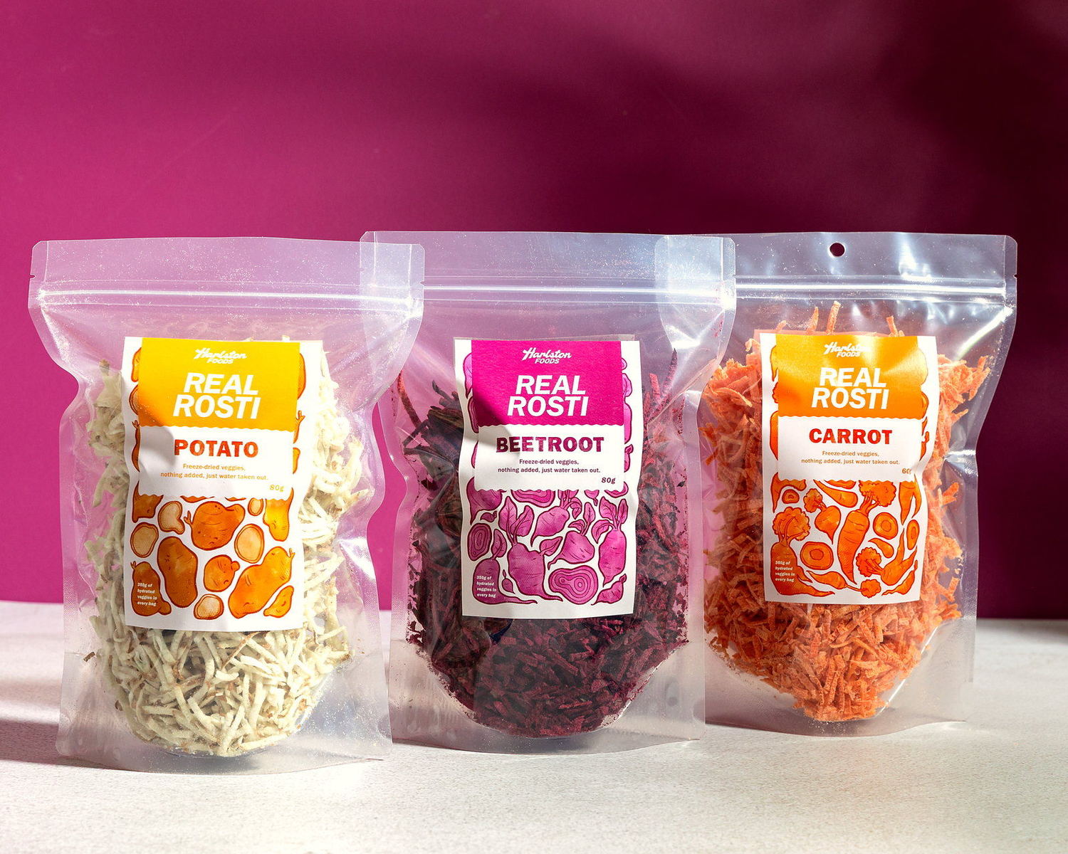 Real Rosti Potato, Beetroot and Carrot — shredded freeze dried New Zealand vegetables in resealable packs