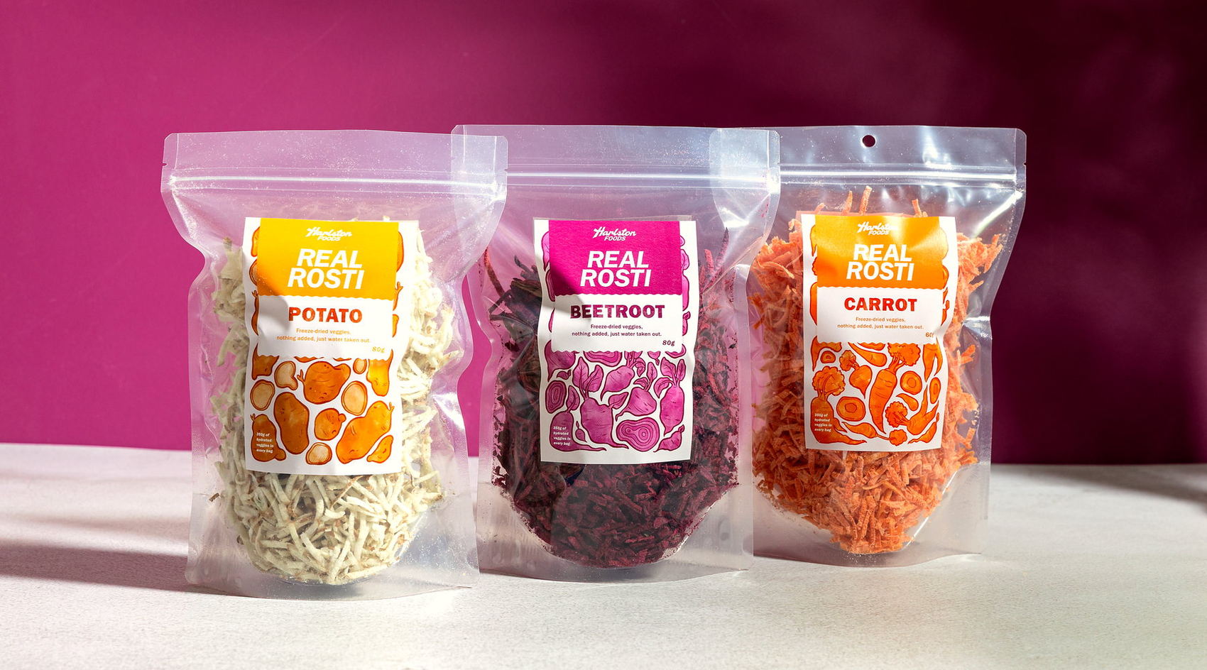 The Harlston Real Rosti range — freeze dried Carrot, Potato and Beetroot, made in New Zealand